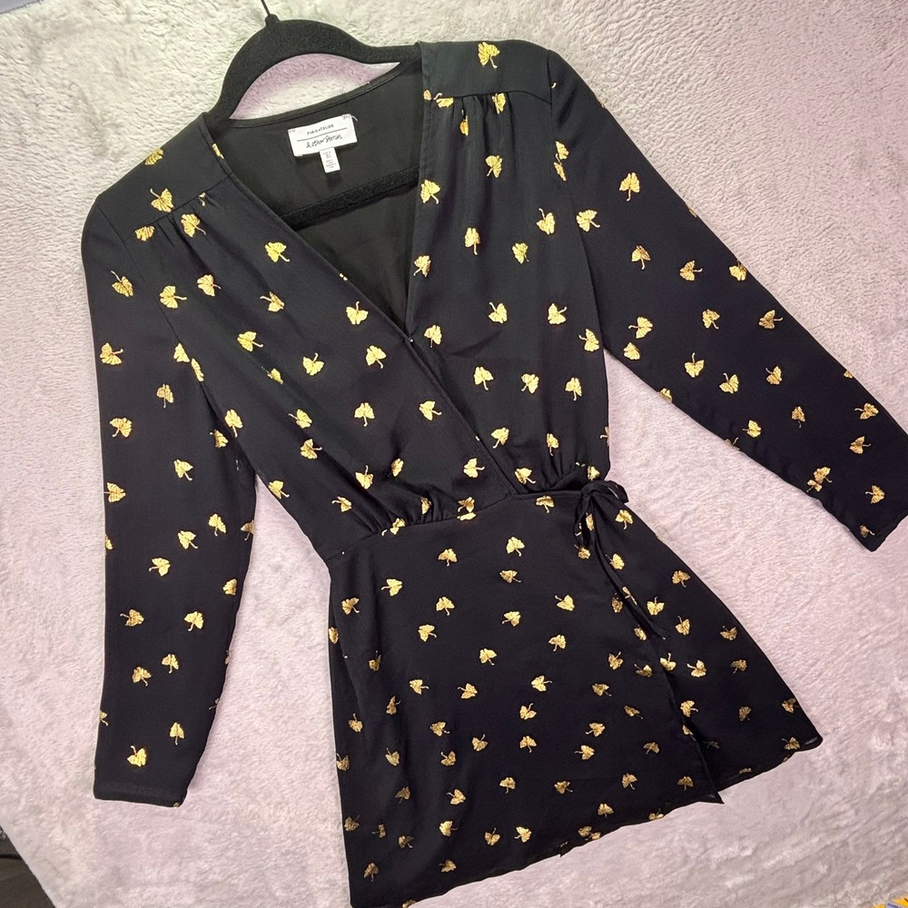 & Other Stories Women Wrap Dress Polyester Black Gold 0 Ginkgo Leaf Foil Print